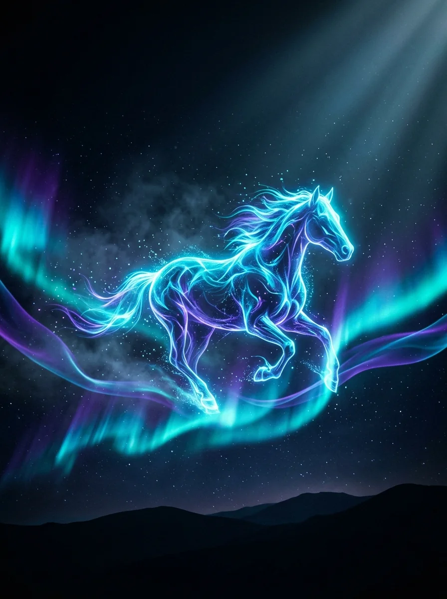 Horse of light galloping through cyan and violet aurora — Impact Marketing KY brand art